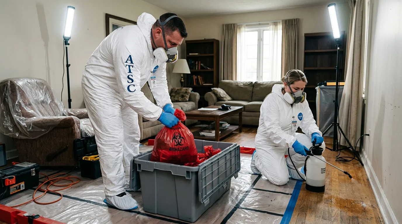 Professional Hazmat Cleanup technician in full PPE working in Bridgeton